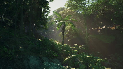 The radiant sun casts its ethereal glow through the lush foliage of the jungle, painting a masterpiece of light and shadow.