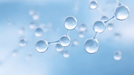 Abstract Molecular Structure: Transparent Spheres Connected on Light Blue Gradient Background.