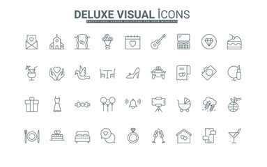 Bride and groom clothes, rings, marriage contract, church thin black outline symbols vector illustration. Wedding event celebration, ceremony, banquet, fun party line icons set.