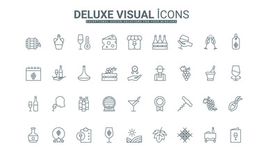 Grapes growth in vineyard, restaurant menu, temperature in cellar, wineglass thin black outline symbols vector illustration. Wine testing and alcohol drink storage, winery line icons set.