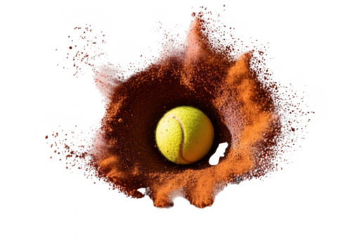 Tennis ball exploding with clay dust isolated on transparent background