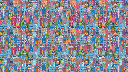Colorful amsterdam city buildings pattern background, dutch architecture illustration design