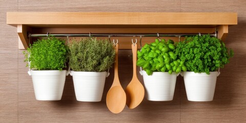 Kitchen organization hacks concept. Herbs in white pots hanging from a wooden rack in a kitchen setting.