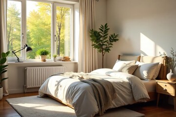 A serene bedroom, sunlight streaming through the window, highlighting cozy textiles and calming decor; reflecting a peaceful and tranquil lifestyle , bedroom, texture, wellbeing