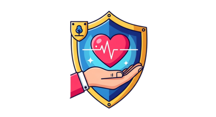 Shield with heart and hand symbolizing health insurance and protection isolated on transparent background