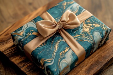 Elegant Gift: Teal Marble Paper with Gold Veins and a Satin Gold Ribbon Bow