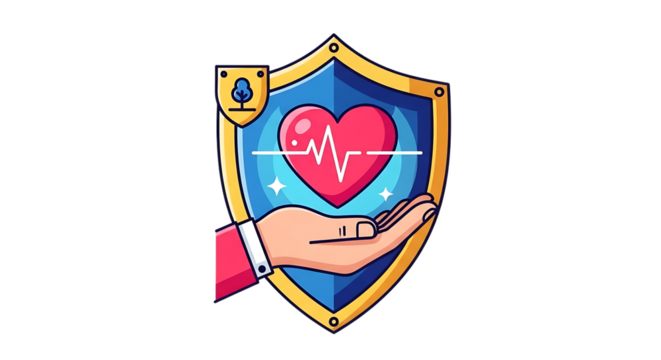 Shield with heart and hand symbolizing health insurance and protection isolated on transparent background