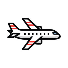 A stylized icon of a white passenger airplane with red stripes on its wings and tail, depicted in flight against a plain background.