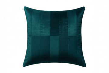 Teal green velvet cushion with vertical stripes resting on a transparent background, perfect for interior design projects