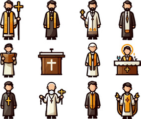 Flat Cartoon Vector Illustration of Christian Religious Clergy Characters Including Priests, Bishops, and Church Leaders Icon Set for Religion and Faith Design