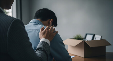 A colleague comforts a man who has been fired. The man is upset with his head down. His colleague gently places a comforting hand on his shoulder