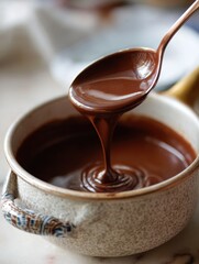 Spoonful of Melted Chocolate Drizzling into Bowl Close Up Still Life Food Photography Kitchen Setting