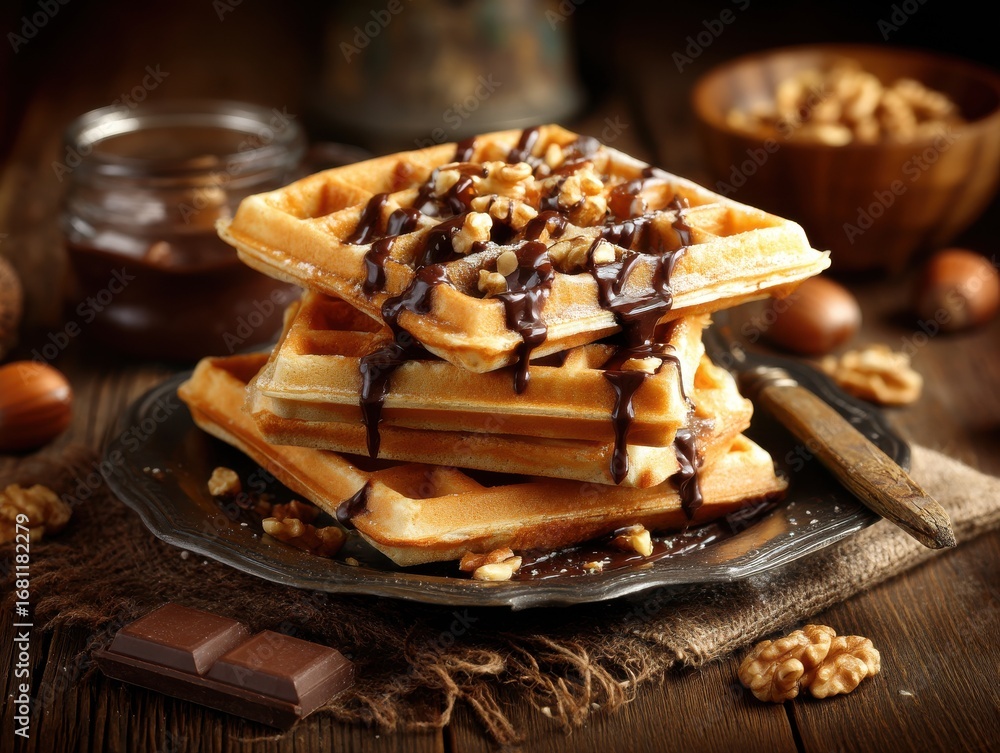 Poster stack of golden waffles drizzled with chocolate sauce and walnuts on rustic wooden table top view fo