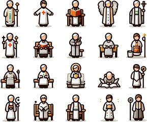 Flat Cartoon Vector Illustration of Christian Religious Clergy Characters Including Priests, Bishops, and Church Leaders Icon Set for Religion and Faith Design