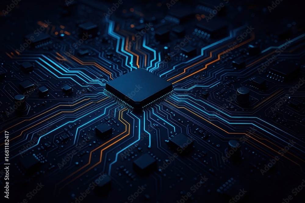 Fototapete advanced microprocessor circuit board with glowing connection pathways