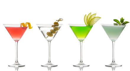 Four colorful cocktails in martini glasses garnished and isolated on transparent background