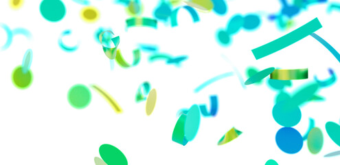 Vibrant teal, green, and yellow confetti falling on white. Perfect for party, celebration, and festive designs.