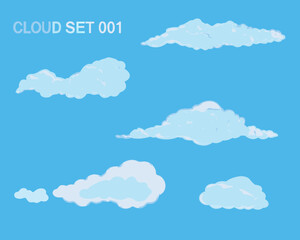 Collection of stylized white clouds against a bright blue sky