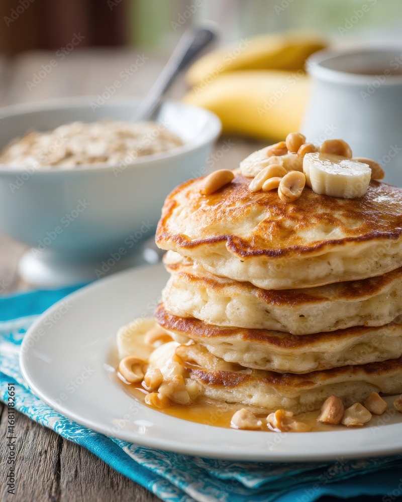 Poster stack of pancakes topped with banana and peanuts served on a white plate in a rustic kitchen setting