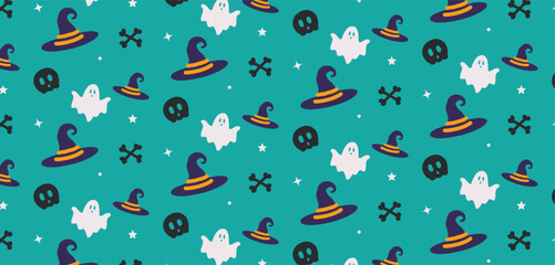 Halloween Pattern with Witch Hats and Ghosts