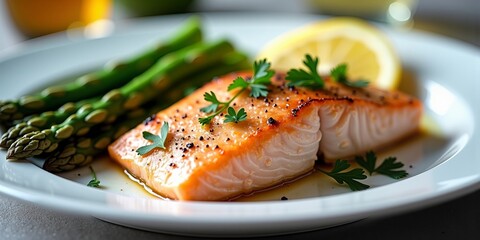 Grilled salmon fillet served with fresh asparagus, parsley garnish, lemon slice, and olive oil on a white ceramic plate