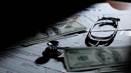 Close-up of a stethoscope resting on financial documents and cash, symbolizing healthcare costs