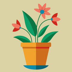 Flat design illustration of a potted plant with coral flowers and green leaves