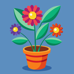 Brightly colored potted flowers with green leaves on blue background