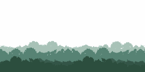 Layered green forest silhouette against a white sky