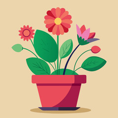 Vibrant potted flowers with green leaves and buds in a red pot