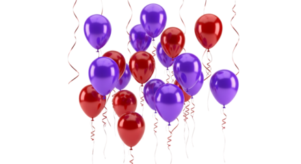 A cluster of shiny red and purple balloons with ribbons isolated on transparent background