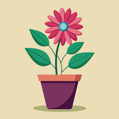 Stylized pink daisy in a purple pot with green leaves