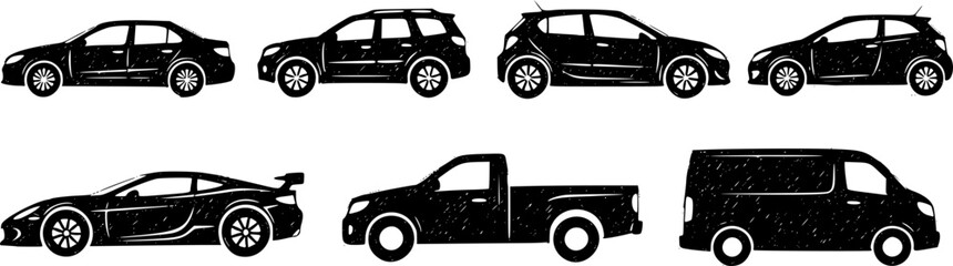 sketched Car silhouette icon set, front and side view, vehicle shape design, automobile vector collection, transportation illustration, black car outline graphics