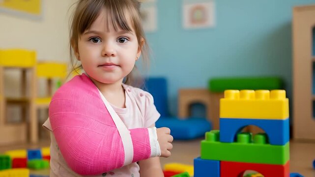 Little Girl with a Pink Arm Cast Playing with Colorful Building Blocks Indoors