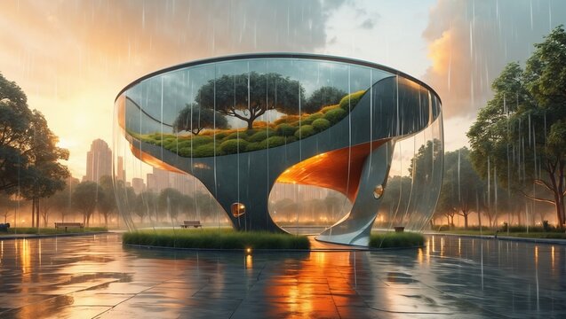 Futuristic urban scene at sunset with reflective glass sculpture housing lush greenery. Rainy city park, warm tones, advanced technology, elegant and refined design, blending nature and modernity.