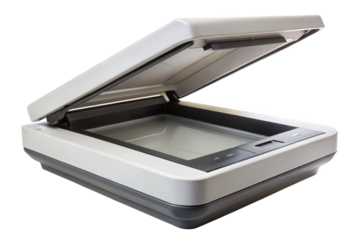 Modern flatbed scanner device open ready for document digitization high quality isolated transparent background