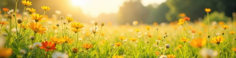 A cheerful, sun-drenched field of wildflowers swaying gently in the breeze, promising a joyful, carefree adventure , carefree, outdoors, potential