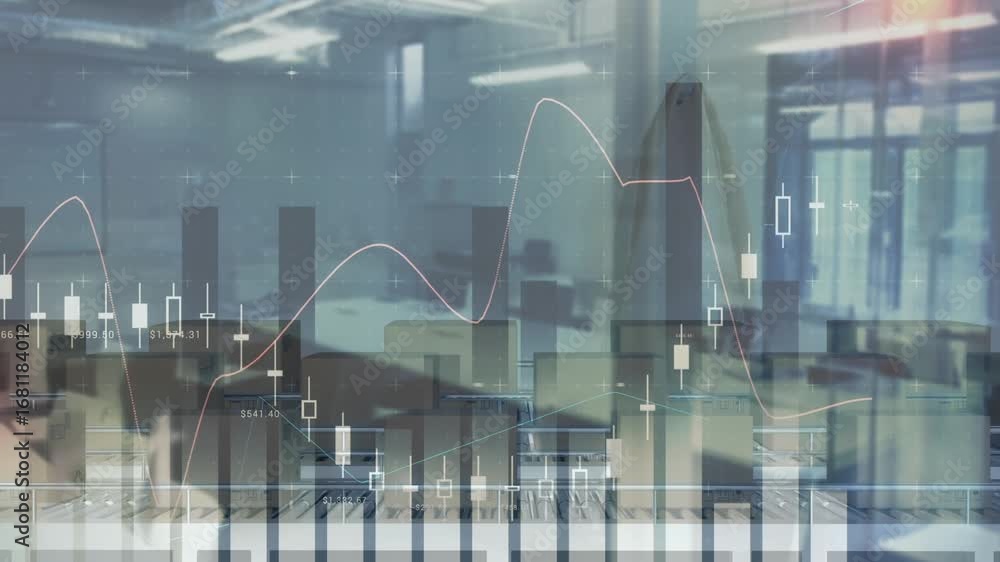 Poster Animation of graphs on digital interface, cardboard boxes moving on conveyer belt in factory