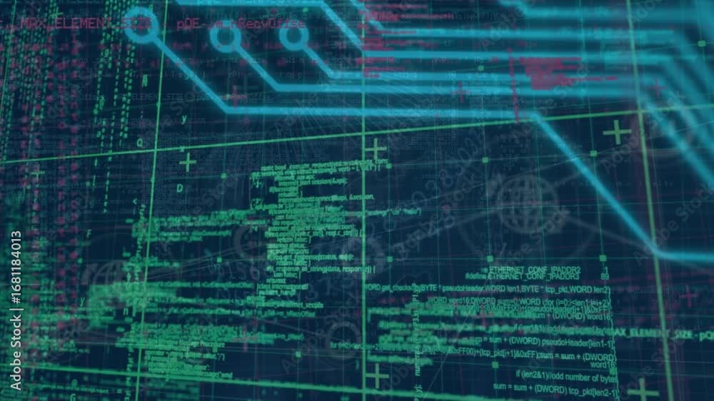 Leinwandbilder animation of data processing with connecting dots, hud elements on digital interface