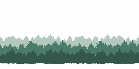 Layered silhouette of evergreen trees in varying shades of green against a white background