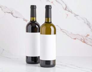 Two wine bottles stand on a marble surface, one red and one white, with blank labels ready for branding in a minimalist and elegant style.