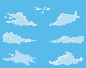 Collection of six stylized cartoon clouds against a bright blue sky