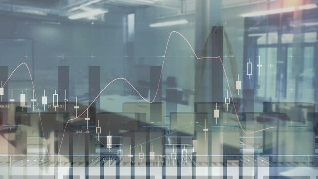 Animation of graphs on digital interface, cardboard boxes moving on conveyer belt in factory - Powered by Adobe