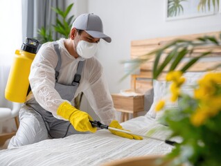 Pest Control Specialist Spraying Bed in Bedroom - Professional Exterminator Service in Action - Close-up View of Treatment