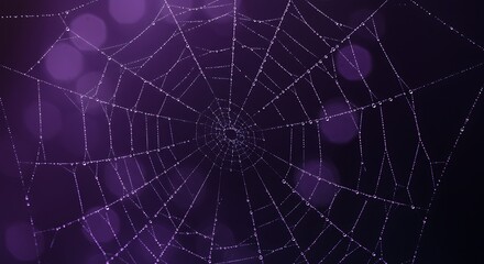 Fototapeta premium A spiderweb covered in water droplets against a dark purple and black bokeh background at night time