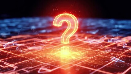 Glowing red question mark symbolizing inquiry and curiosity amidst a digital network background - Powered by Adobe
