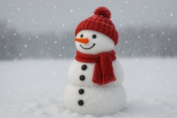 Obraz premium Cheerful snowman with traditional carrot nose and winter hat standing in snowy landscape under falling snowflakes