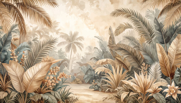 Fototapeta Tropical palm leaf pattern wallpaper. Botanical jungle tropical wall art. Soft pastel jungle leaves with flowers. Elegant tropical flora design artwork. Vintage botanical tropical art print