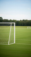 Close-up of soccer goal net and green field, showcasing a sports field scene, representing athletic competition and outdoor activity