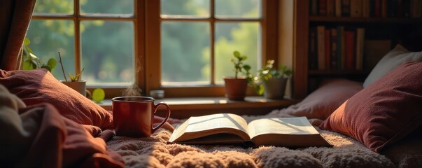 A cozy reading nook filled with books, a steaming mug, and soft lighting, perfect for a relaxing reading session ,  novel,  hygge,  bookshelf